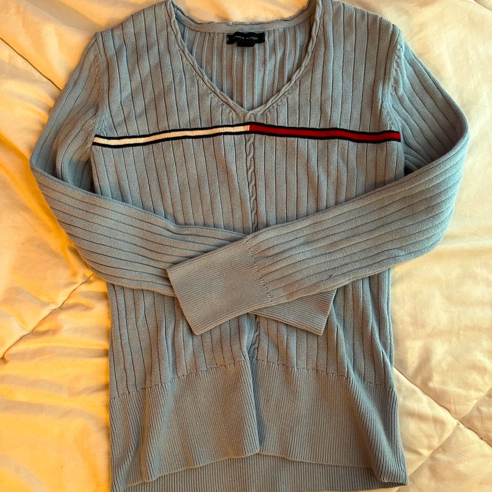 light blue tommy hilfiger v-neck knit sweater